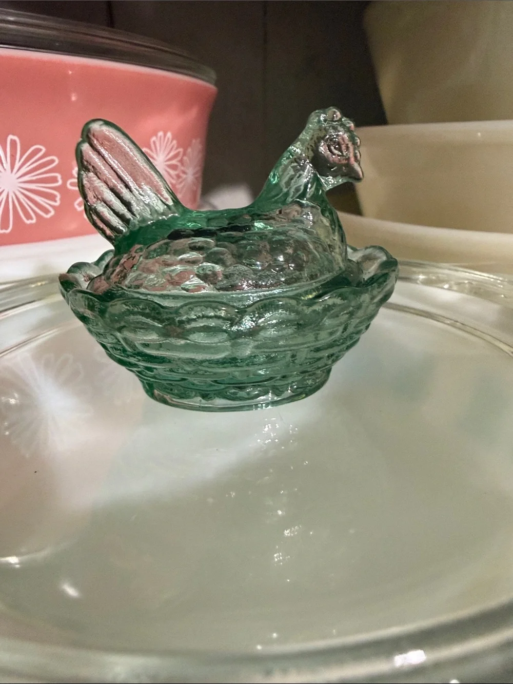 Rosso teal glass hen on a nest HON uranium glow
